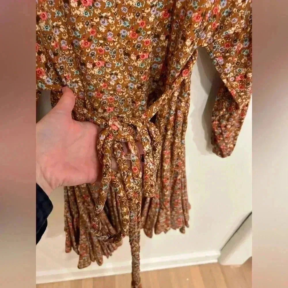 AURA Ballon Sleeve bat wing braided Belt flowy Boho floral fall mini dress S-M - Picture 15 of 15